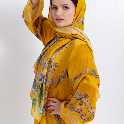 Saira Mustard Bloom Cupro Satin Kaftan Set with Matching Scarf