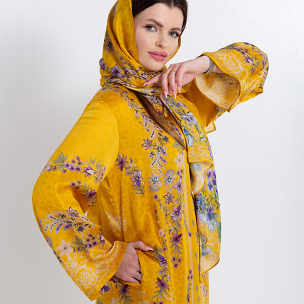 Saira Mustard Bloom Cupro Satin Kaftan Set with Matching Scarf