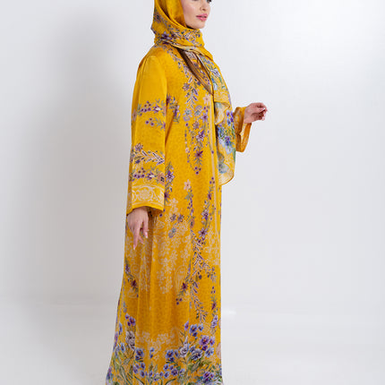 Saira Mustard Bloom Cupro Satin Kaftan Set with Matching Scarf