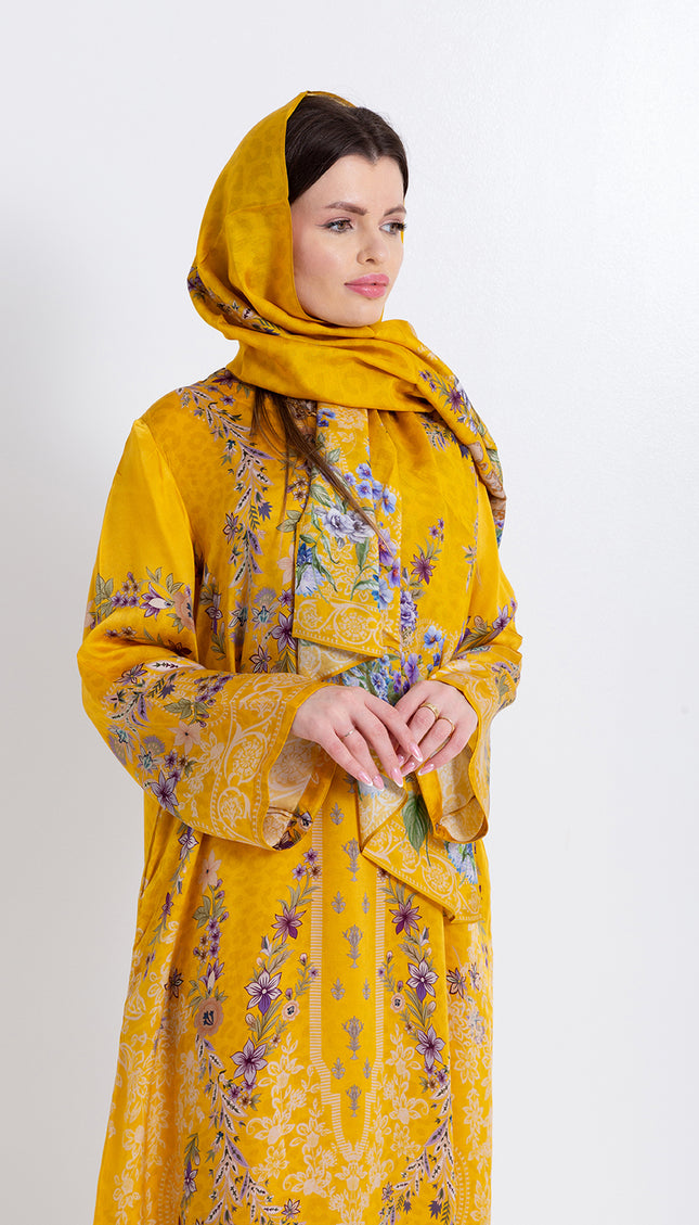 Saira Mustard Bloom Cupro Satin Kaftan Set with Matching Scarf