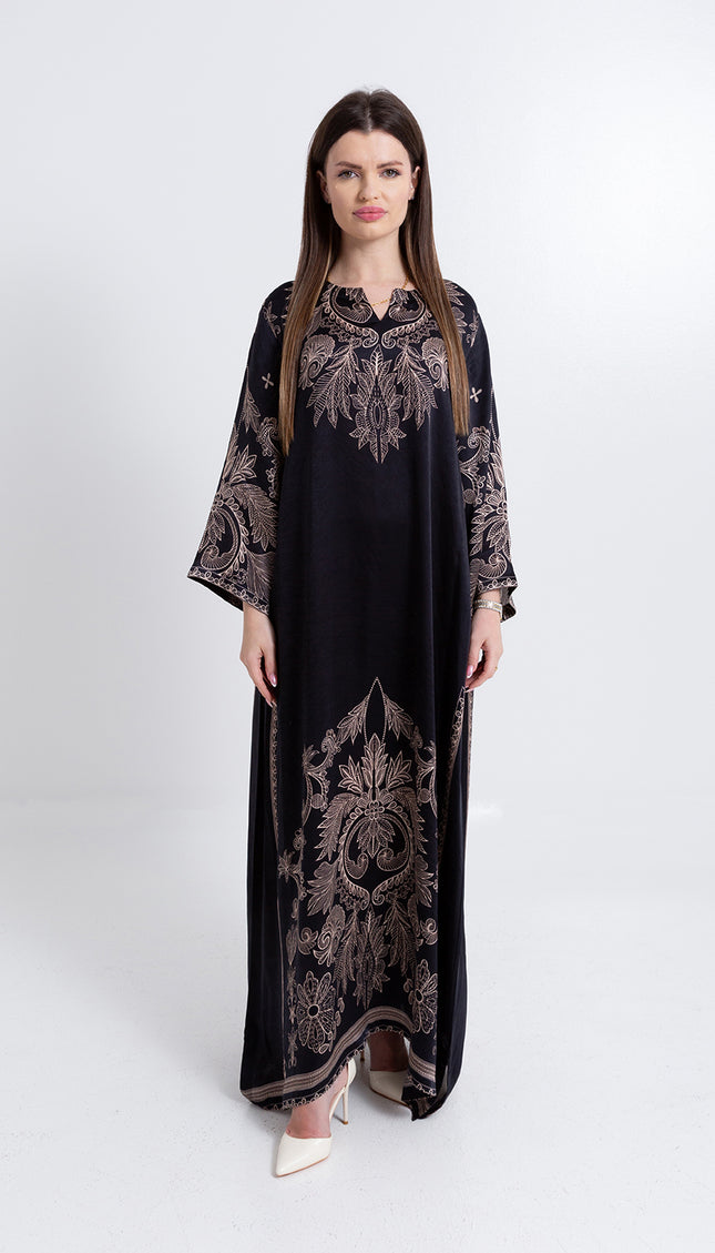 Noora Black Heritage Cupro Satin Kaftan Set with Matching Scarf