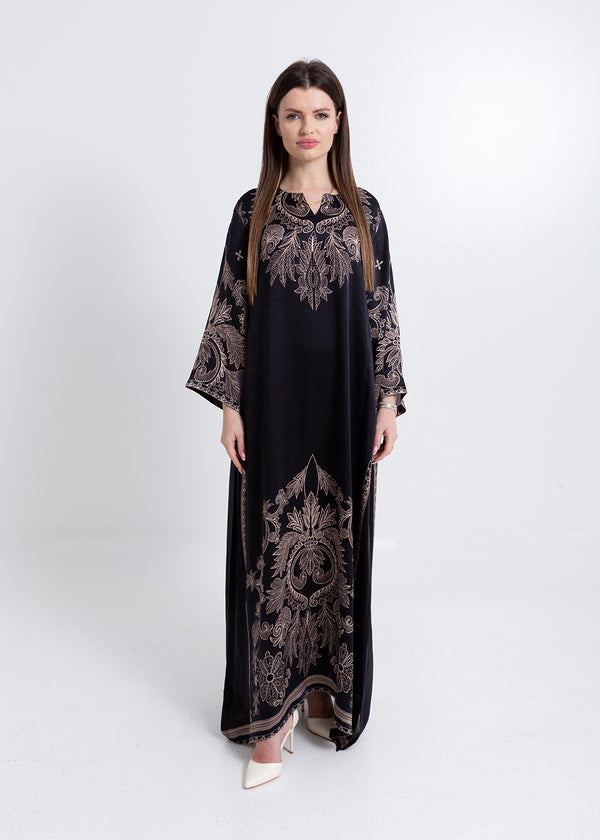Noora Black Heritage Cupro Satin Kaftan Set with Matching Scarf