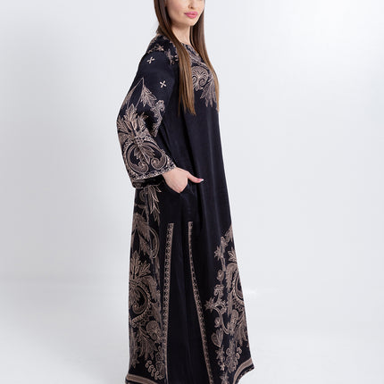 Noora Black Heritage Cupro Satin Kaftan Set with Matching Scarf
