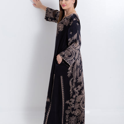 Noora Black Heritage Cupro Satin Kaftan Set with Matching Scarf