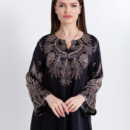 Noora Black Heritage Cupro Satin Kaftan Set with Matching Scarf