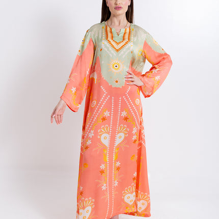 Noura Peach Coral Cupro Satin Kaftan Set with Matching Scarf