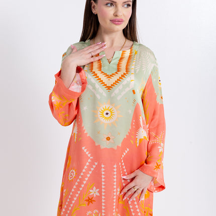 Noura Peach Coral Cupro Satin Kaftan Set with Matching Scarf