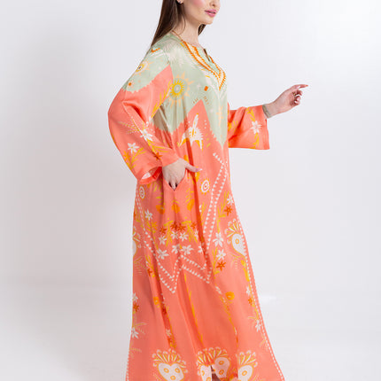 Noura Peach Coral Cupro Satin Kaftan Set with Matching Scarf