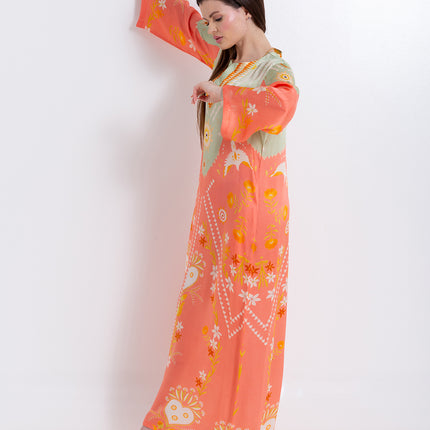 Noura Peach Coral Cupro Satin Kaftan Set with Matching Scarf