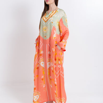 Noura Peach Coral Cupro Satin Kaftan Set with Matching Scarf