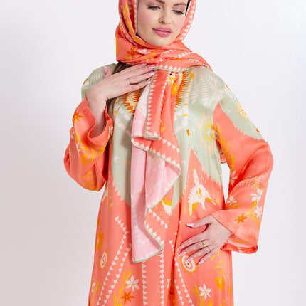 Noura Peach Coral Cupro Satin Kaftan Set with Matching Scarf