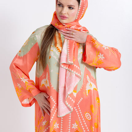 Noura Peach Coral Cupro Satin Kaftan Set with Matching Scarf