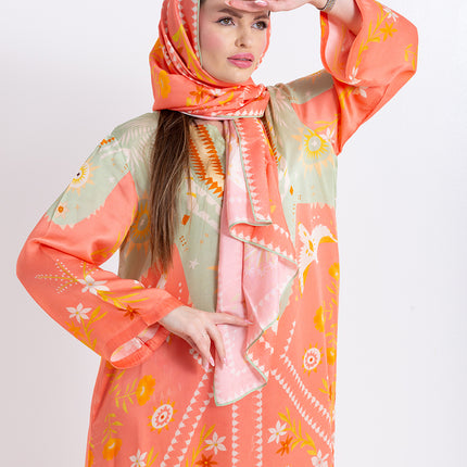 Noura Peach Coral Cupro Satin Kaftan Set with Matching Scarf