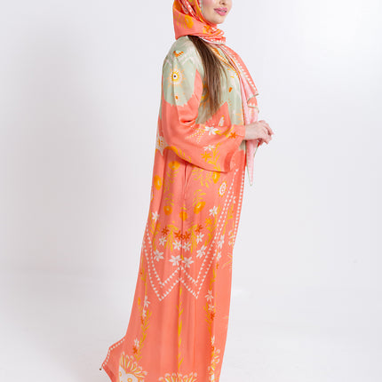Noura Peach Coral Cupro Satin Kaftan Set with Matching Scarf