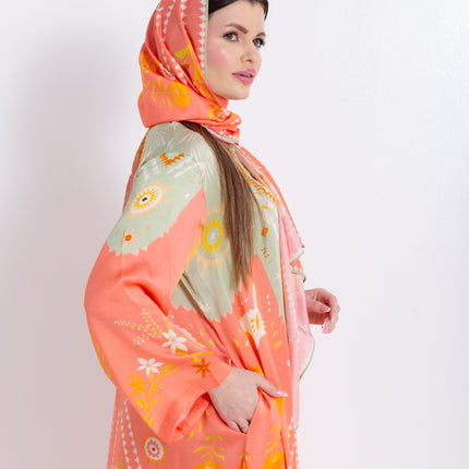 Noura Peach Coral Cupro Satin Kaftan Set with Matching Scarf