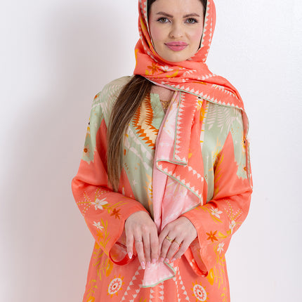 Noura Peach Coral Cupro Satin Kaftan Set with Matching Scarf