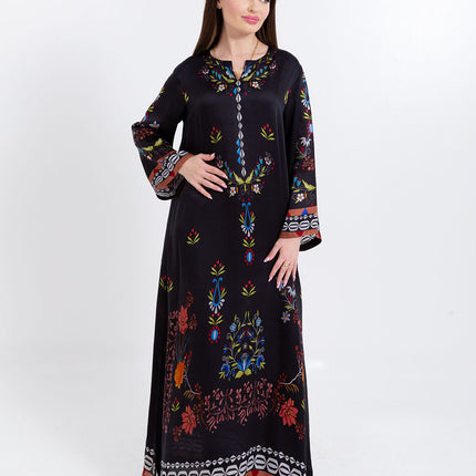 Ariya Black Floral Cupro Satin Kaftan Set with Matching Scarf