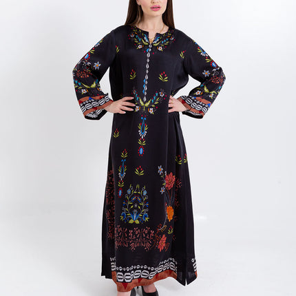 Ariya Black Floral Cupro Satin Kaftan Set with Matching Scarf