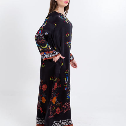 Ariya Black Floral Cupro Satin Kaftan Set with Matching Scarf