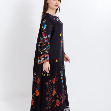 Ariya Black Floral Cupro Satin Kaftan Set with Matching Scarf