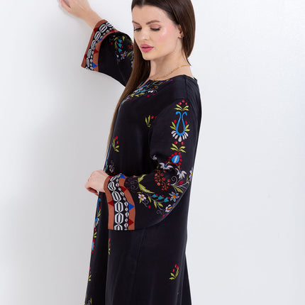Ariya Black Floral Cupro Satin Kaftan Set with Matching Scarf