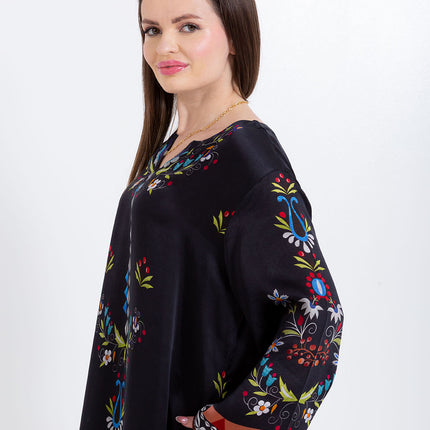 Ariya Black Floral Cupro Satin Kaftan Set with Matching Scarf