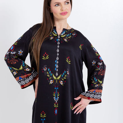 Ariya Black Floral Cupro Satin Kaftan Set with Matching Scarf