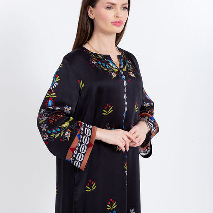 Ariya Black Floral Cupro Satin Kaftan Set with Matching Scarf