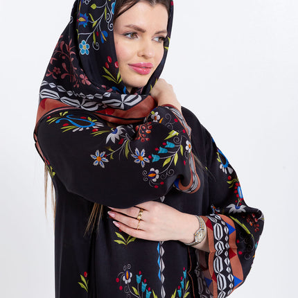 Ariya Black Floral Cupro Satin Kaftan Set with Matching Scarf