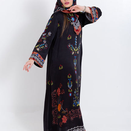 Ariya Black Floral Cupro Satin Kaftan Set with Matching Scarf