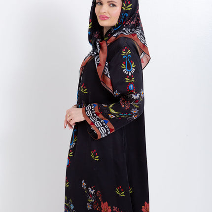 Ariya Black Floral Cupro Satin Kaftan Set with Matching Scarf