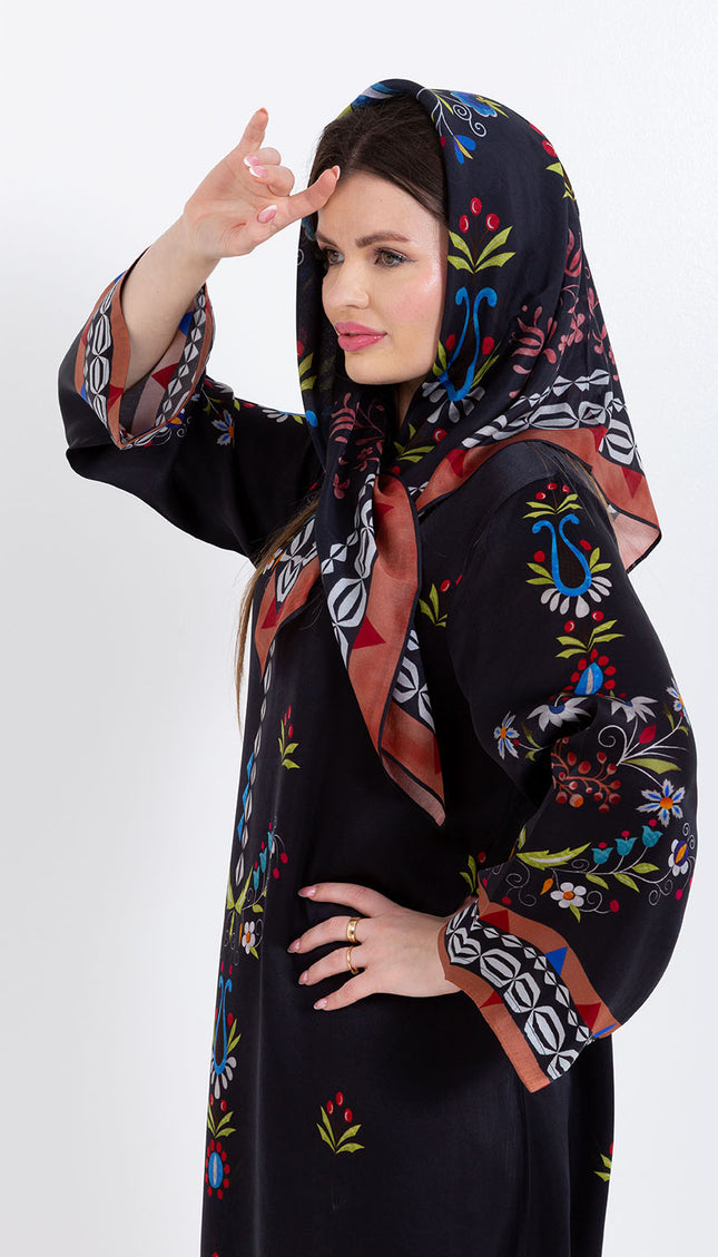 Ariya Black Floral Cupro Satin Kaftan Set with Matching Scarf