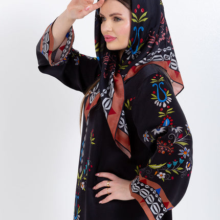 Ariya Black Floral Cupro Satin Kaftan Set with Matching Scarf