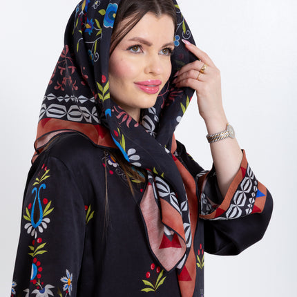 Ariya Black Floral Cupro Satin Kaftan Set with Matching Scarf