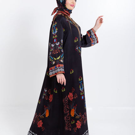 Ariya Black Floral Cupro Satin Kaftan Set with Matching Scarf