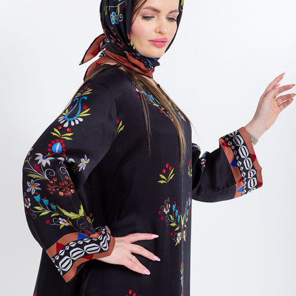 Ariya Black Floral Cupro Satin Kaftan Set with Matching Scarf