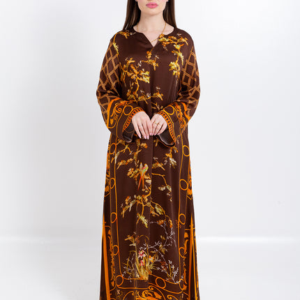 Aurelia Mocha Brown Cupro Satin Kaftan Set with Matching Scarf