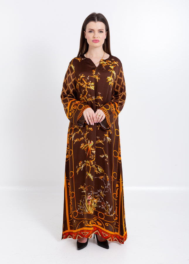 Aurelia Mocha Brown Cupro Satin Kaftan Set with Matching Scarf
