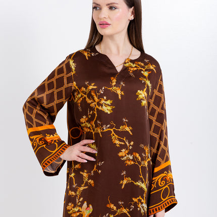 Aurelia Mocha Brown Cupro Satin Kaftan Set with Matching Scarf