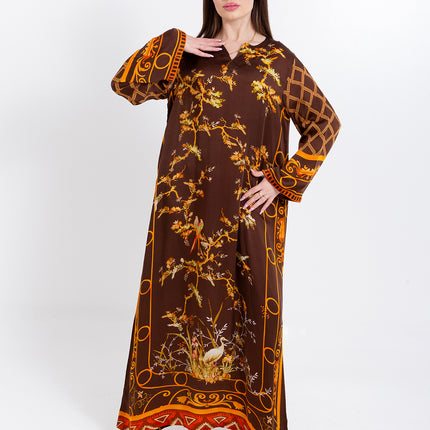 Aurelia Mocha Brown Cupro Satin Kaftan Set with Matching Scarf