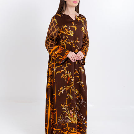 Aurelia Mocha Brown Cupro Satin Kaftan Set with Matching Scarf