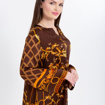 Aurelia Mocha Brown Cupro Satin Kaftan Set with Matching Scarf