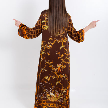 Aurelia Mocha Brown Cupro Satin Kaftan Set with Matching Scarf