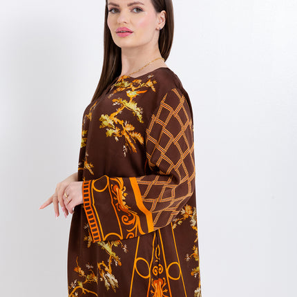 Aurelia Mocha Brown Cupro Satin Kaftan Set with Matching Scarf