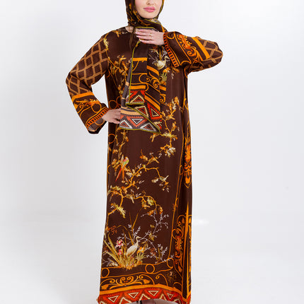 Aurelia Mocha Brown Cupro Satin Kaftan Set with Matching Scarf