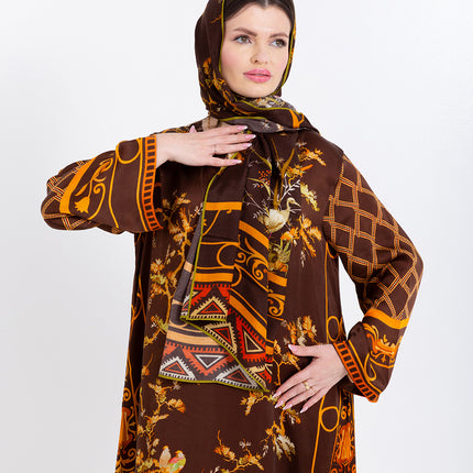 Aurelia Mocha Brown Cupro Satin Kaftan Set with Matching Scarf
