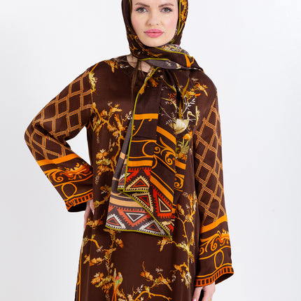 Aurelia Mocha Brown Cupro Satin Kaftan Set with Matching Scarf