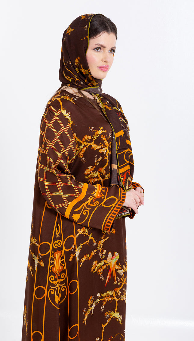 Aurelia Mocha Brown Cupro Satin Kaftan Set with Matching Scarf