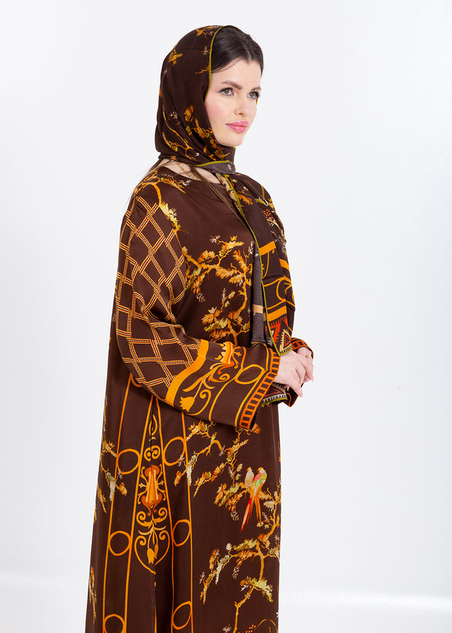Aurelia Mocha Brown Cupro Satin Kaftan Set with Matching Scarf