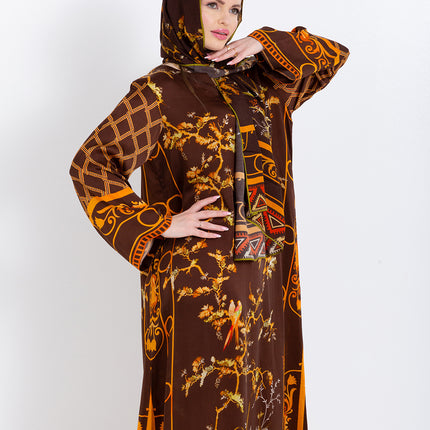 Aurelia Mocha Brown Cupro Satin Kaftan Set with Matching Scarf
